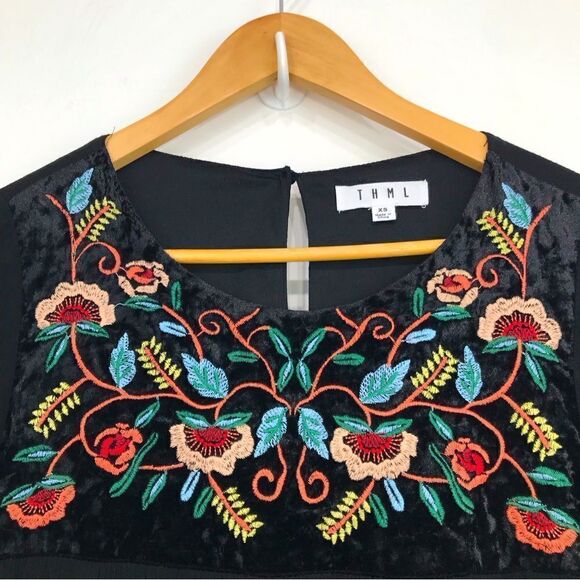 THML Black Gauze Floral Embroidered Velvet Popover Sheath Dress - Picture 11 of 14